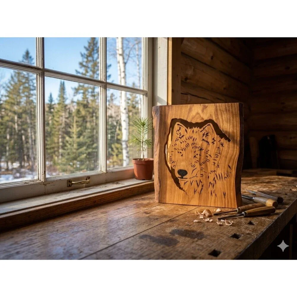 Artisan Wolf Head Wood Carving - Handcrafted Wildlife Decor.